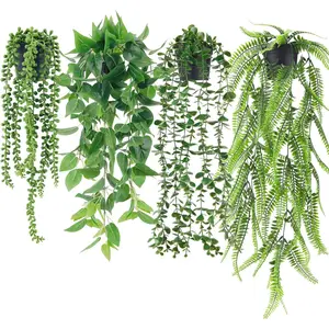 4 count 1 Plants Hanging with Pots Artificial Ivy Vine Faux Eucalyptus Hanging Plants, Boston Fern, String of Pearls for Home Room Wall Shelf Indoor Outdoor Decor