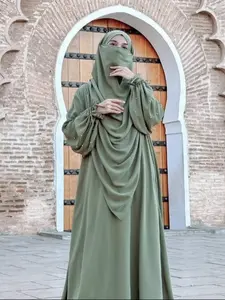 Women's Beaded Long Dress Set, Casual Loose Fit, Long Sleeves, Headscarf Included, Perfect for Ramadan, Eid, Holy Days, Daily Wear
