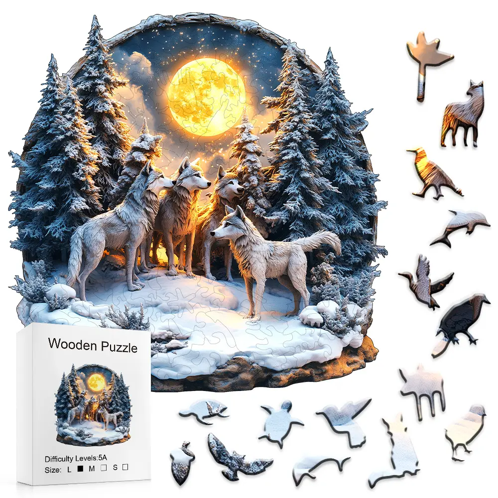 Wooden Wolves Puzzle - Majestic Wolf Pack, Arctic Enchantment, Luminous Full Moon, Frosty Pines, Animals & Nature Theme, for Fantasy Fans, All-Occasion Toddler Alphabet Puzzle Toy