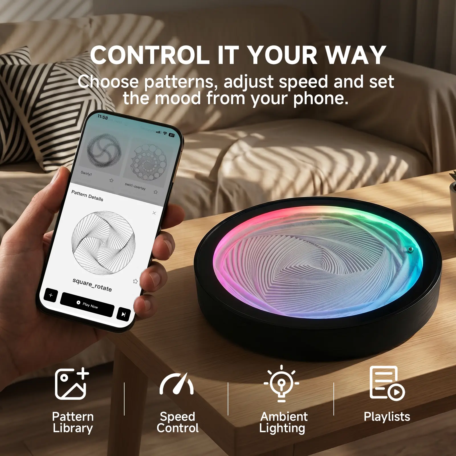 Dynamic kinetic sand art, automatic zen sand bowl, kinetic art decor, modern sand‑art decor, relaxing desktop gift for office, home and meditation decor, bamboo material, app‑controlled, compatible with iOS and Android devices, smart LED lighting reiki