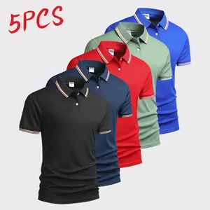 5-Pack Men’s Quick-Dry Color Block Striped Polo Shirts — Classic Button-Down Tops, Stylish Casual Sports Short-Sleeve Polos for Everyday Activities, Team Sports, Golf, and Outdoor Athletics graphic