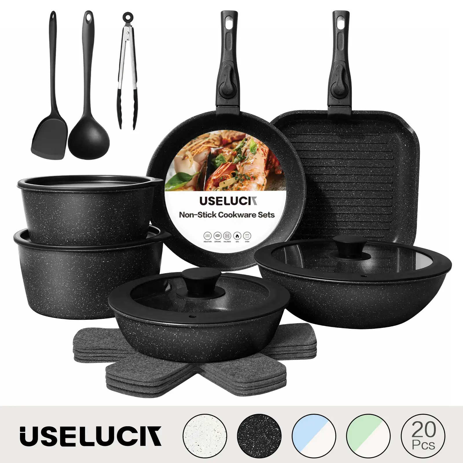 USELUCK 20-Piece Compact Nonstick Cookware Set - Home Use, Detachable Handles, All-in-1 Cooking Solution, Compact Storage, Healthy Nonstick Surface, Oil-Saving Pans, Glass Lids, Oven Safe, White, With Lid
