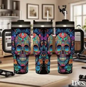 Sugar Skull 40oz Tumbler with Handle, Day of the Dead Stainless Steel Insulated Travel Mug, Dual-Way Lid Direct Sip & Straw Floral Skeleton Aesthetic Water Bottle