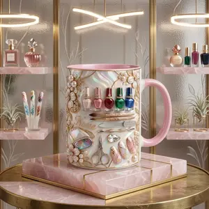Personalized 2D Printed 3D Effect Nail Artist Ceramic Mug Glamorous Salon Decor for Manicurists Luxury Mother's Day Gift Idea for Beauty Lovers Featuring Iridescent Pearl and Gemstone Art Texture
