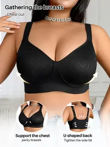 Plus Size Women's Seamless Underwear No Steel Cup Push Up Jelly Soft Support Comfort Wide Shoulder Straps Sexy Lace Backless Vneck Bra with Molded Cups Supportive Wireless Bra