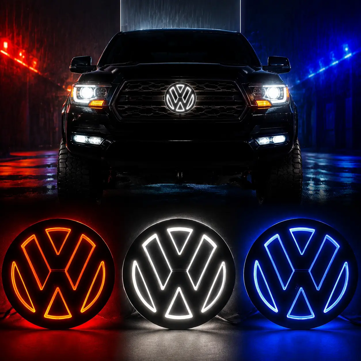 5D LED Illuminated Volkswagen Grille & Trunk Badge Light, 3-Color Emblem Compatible with VW Golf 6, Magotan, Touareg, Bora