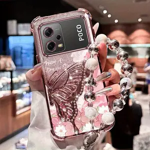 Poco X5 Impact Resistant Plating Lucky Clover Strap Lanyard Quicksand Butterfly Bracket Phone Holder Case For Compatible With Xiaomi Mi Poco X5 Nishang Butterfly Dream Stand Cover