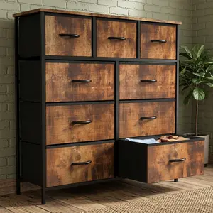 Tall 9-Drawer Fabric Storage Cabinet, Wood Top Surface Table Chest, Grid Cabinet & Fabric Storage Tower, Steel Frame, Easy Pull Handle, Charcoal, Perfect for Bedroom, Hallway, Entryway, Closet