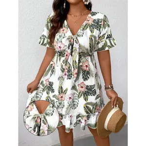 Women's plus size belly control lightweight tropical floral mini dress with front tie V-neck flowing sleeves and ruffle edge beach vacation summer sun skirt Hawaiian nude, casual floral degree pretend bohemian printRAIMENTRY