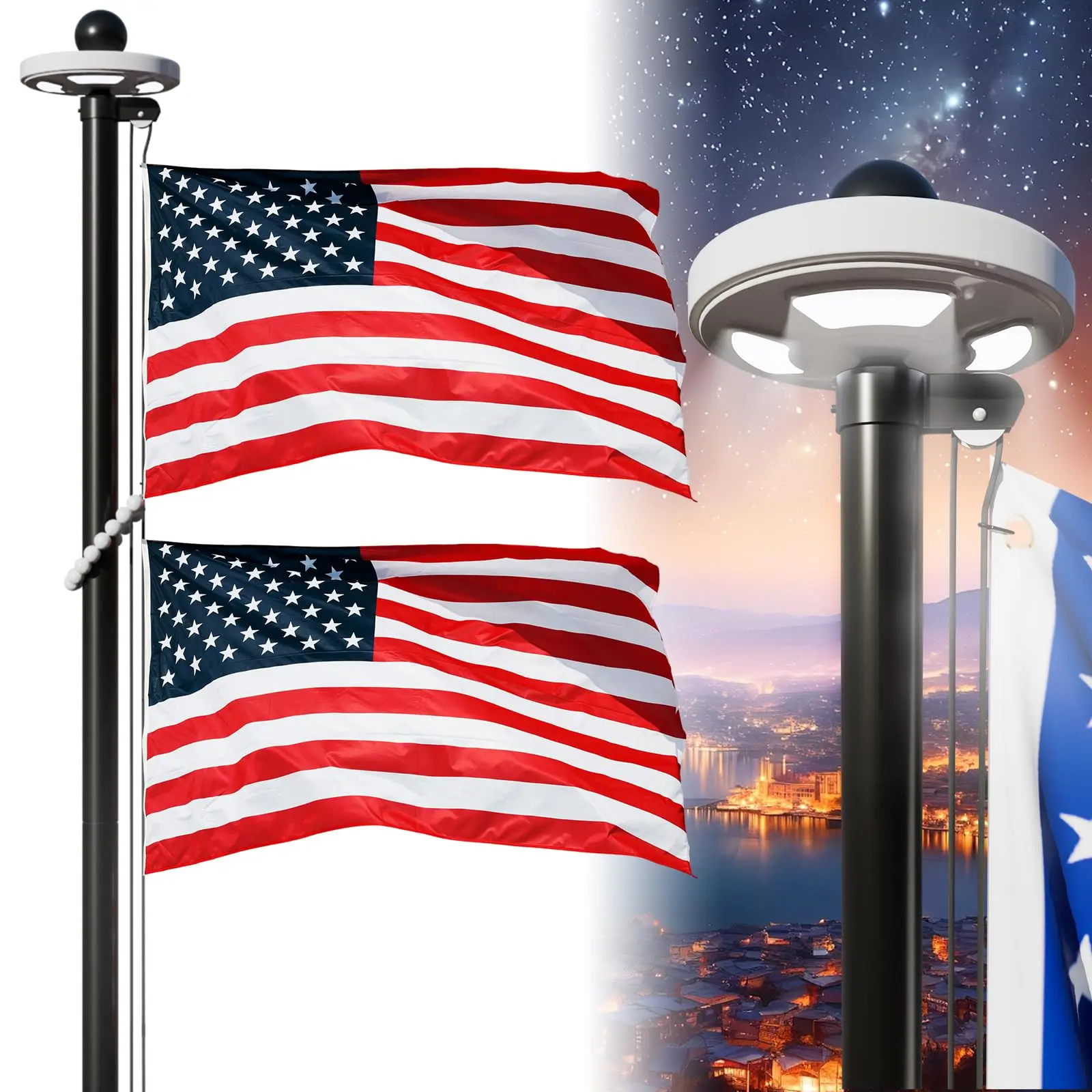 Exquimac 25/16 ft 11 Gauge Aluminum Flag Pole Kit with Solar Light, PVC Sleeve, Finial, Rope, Rings, Clips & 2x3x5 ft Embroidered US Flags - Home Garden Decor Improvement Supply
