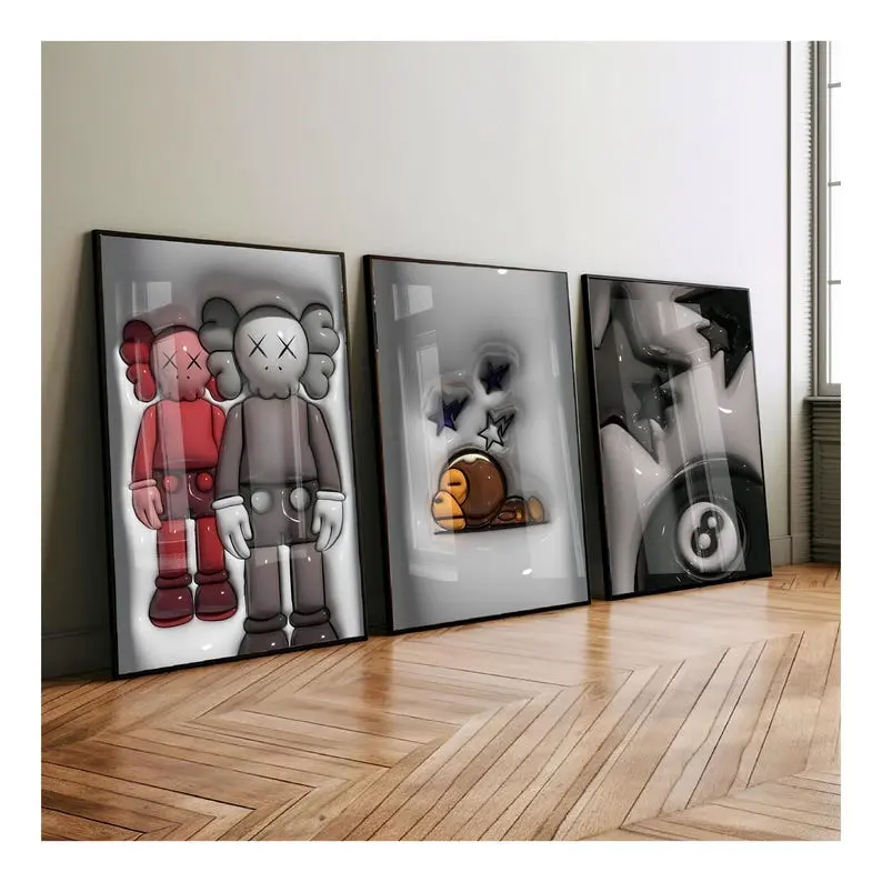Set Of 3 HypeBeast Room Decor, Hypebast kaws Poster, Cool Wall Art Set,, 3D Wall Art Bundle, HypeBeast Wall Art, Trendy Wall Art,