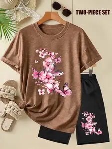 Women's Washed Two-Piece Set (T-Shirt + Shorts), Cherry Blossom & Butterfly Print, Multiple Colors Available, Machine Washable, Spring & Summer, Soft Skin-Friendly Fabric, Daily Versatile, Fashion Design