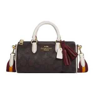 COACH Lacey 19 Classic Monogram Zip Top Boston Bag for Women – Small, Leatherette, Brown and Chalk White