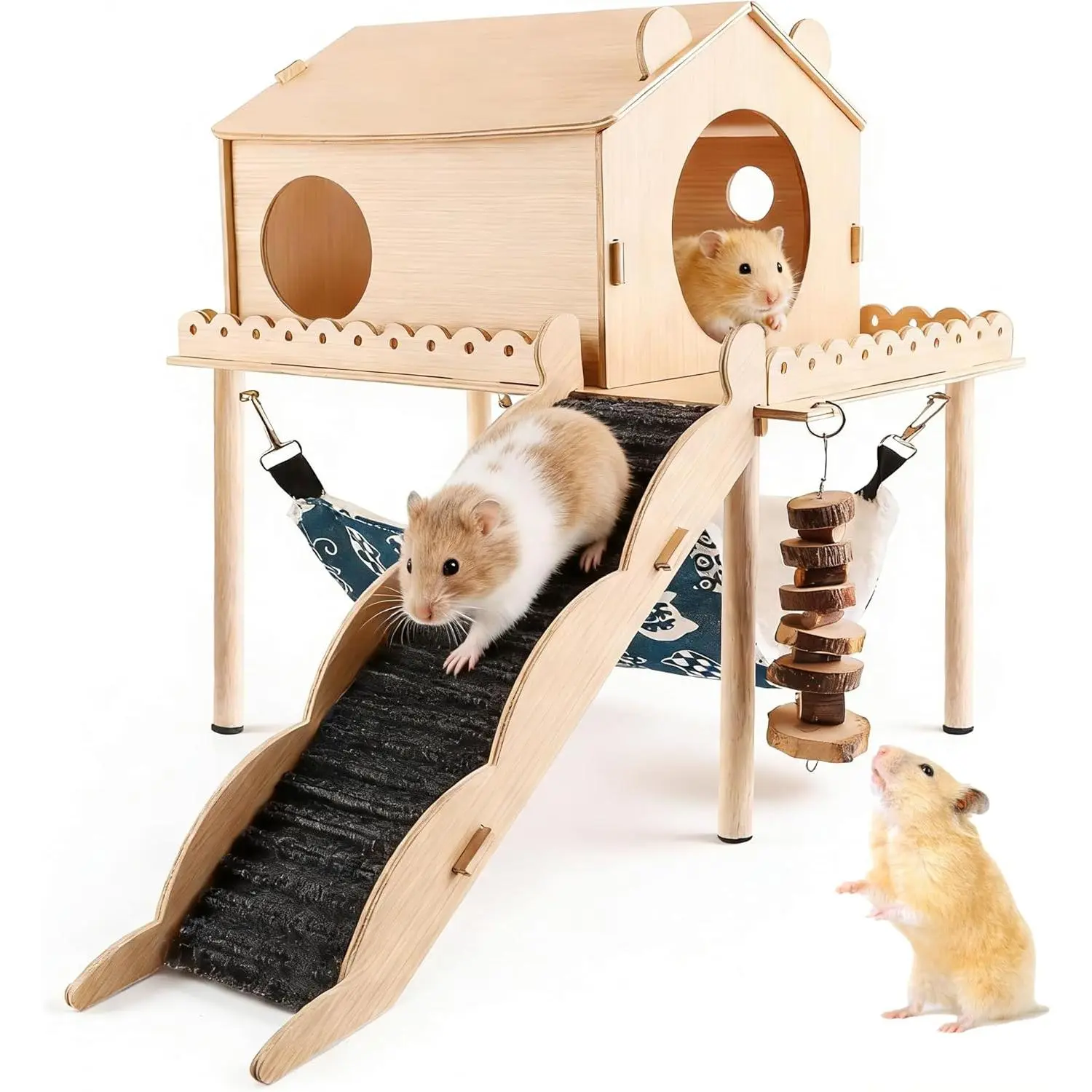 Guinea Pig Hideout Wooden Guinea Pig Castle with Stair, Hammock and House Detachable Double-Decker Guinea Pigs House for Guinea Pigs Hamsters Rabbit Chinchilla Small Animal Hiding Sleeping Activities