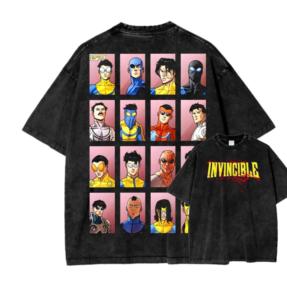 Men's Washed Cotton Loose Oversize Crew Neck Short-Sleeve Menswear T-Shirt - Soft Retro Streetwear Top with Classic Superhero Anime Manga Invincible Print