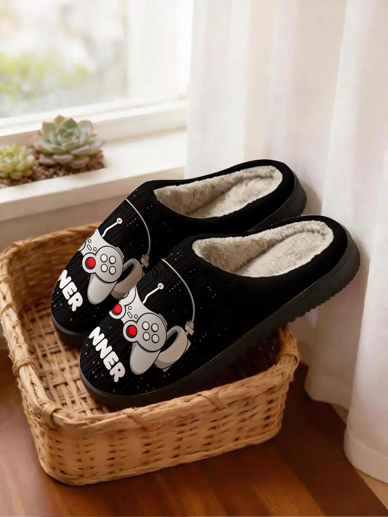 🎮 1 Pair Retro Game Controller Plush Slippers | Trendy Nostalgic Gaming Style | Cloud-Like Warm Fleece + Non-Slip Thick Sole | Eye-Catching Warm Pick for Gamers & Homebodies (Fall/Winter Home Wear)