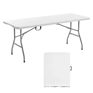 fathersdaygift VEVOR Folding Table, 6 Ft Heavy Duty Portable Fold-in-Half Utility Table, Indoor Outdoor Plastic Rectangle Table with Built in Handle, for Party, Dining, Wedding, Events, Picnic, Camping, White