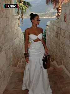 Women's Plain Ruched Tube Dress, Solid Strapless A Line Dress for Beach Holiday Vacation, Ladies Summer Clothes, Womenswear