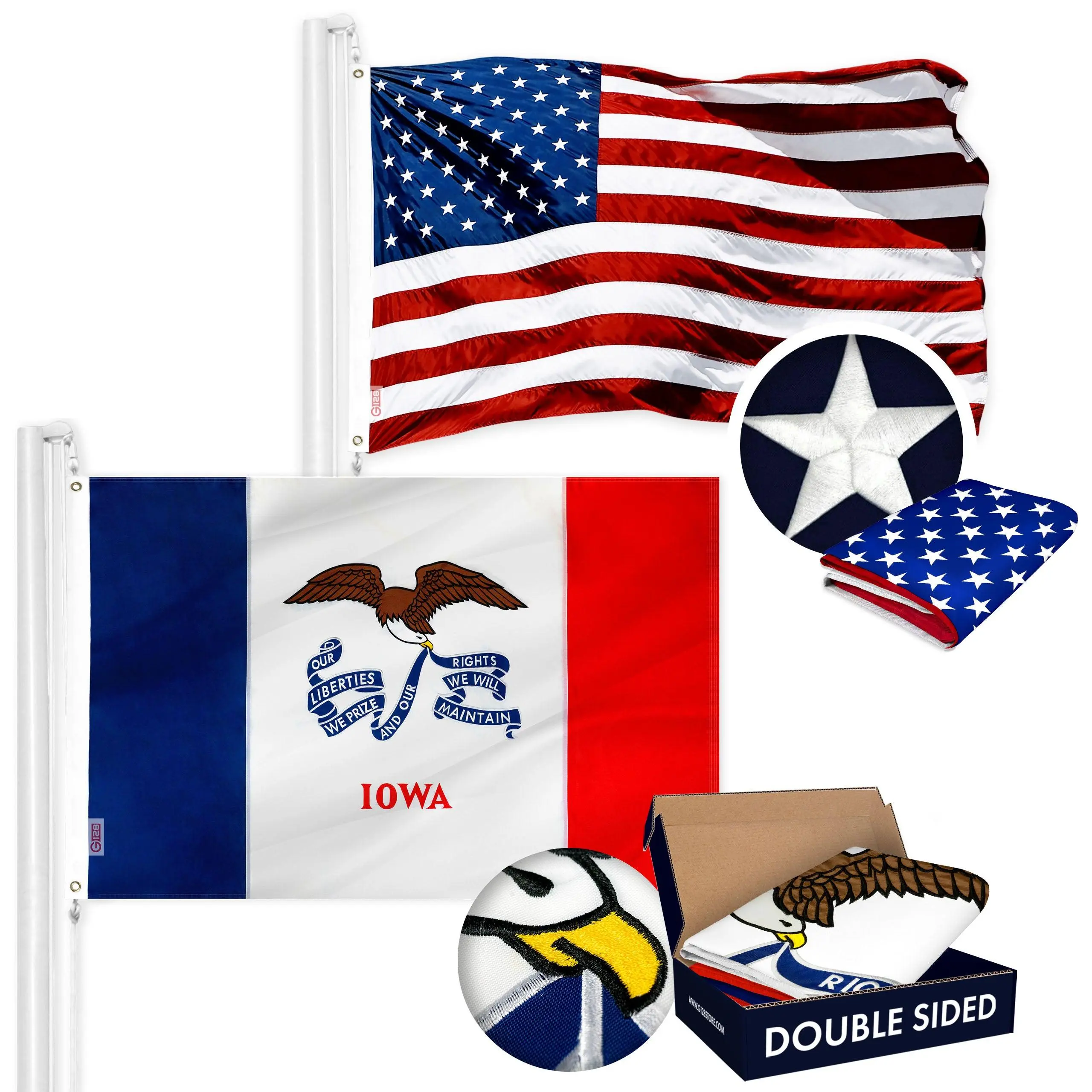 G128 Combo Pack: USA American Flag 3x5 Ft Embroidered Stars & Iowa State Flag 3x5 Ft Embroidered Double Sided 3ply