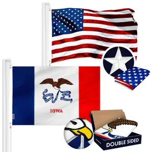 G128 Combo Pack: USA American Flag 3x5 Ft Embroidered Stars & Iowa State Flag 3x5 Ft Embroidered Double Sided 3ply