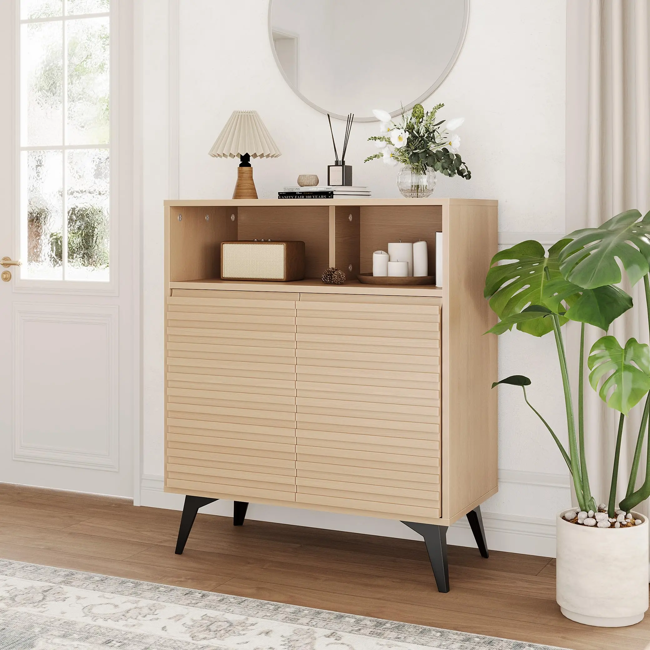 Garvee Fluted Storage Cabinet, Sideboard Buffet Cabinet with Storage & Adjustable Shelves for Living Room, Kitchen, Entryway, Natural Wood