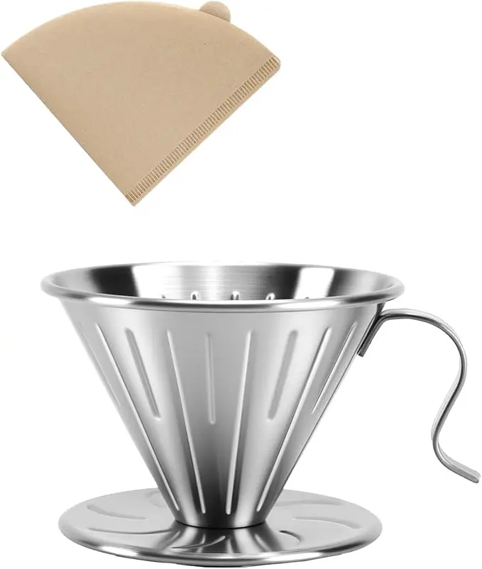 304 Stainless Steel Pour Over Coffee Maker Set - Sturdy Metal Coffee Dripper, 100 PCS V02 Paper Filters, Dishwasher Safe, Easy to Clean, Large for Home, Road Trips, Reusable