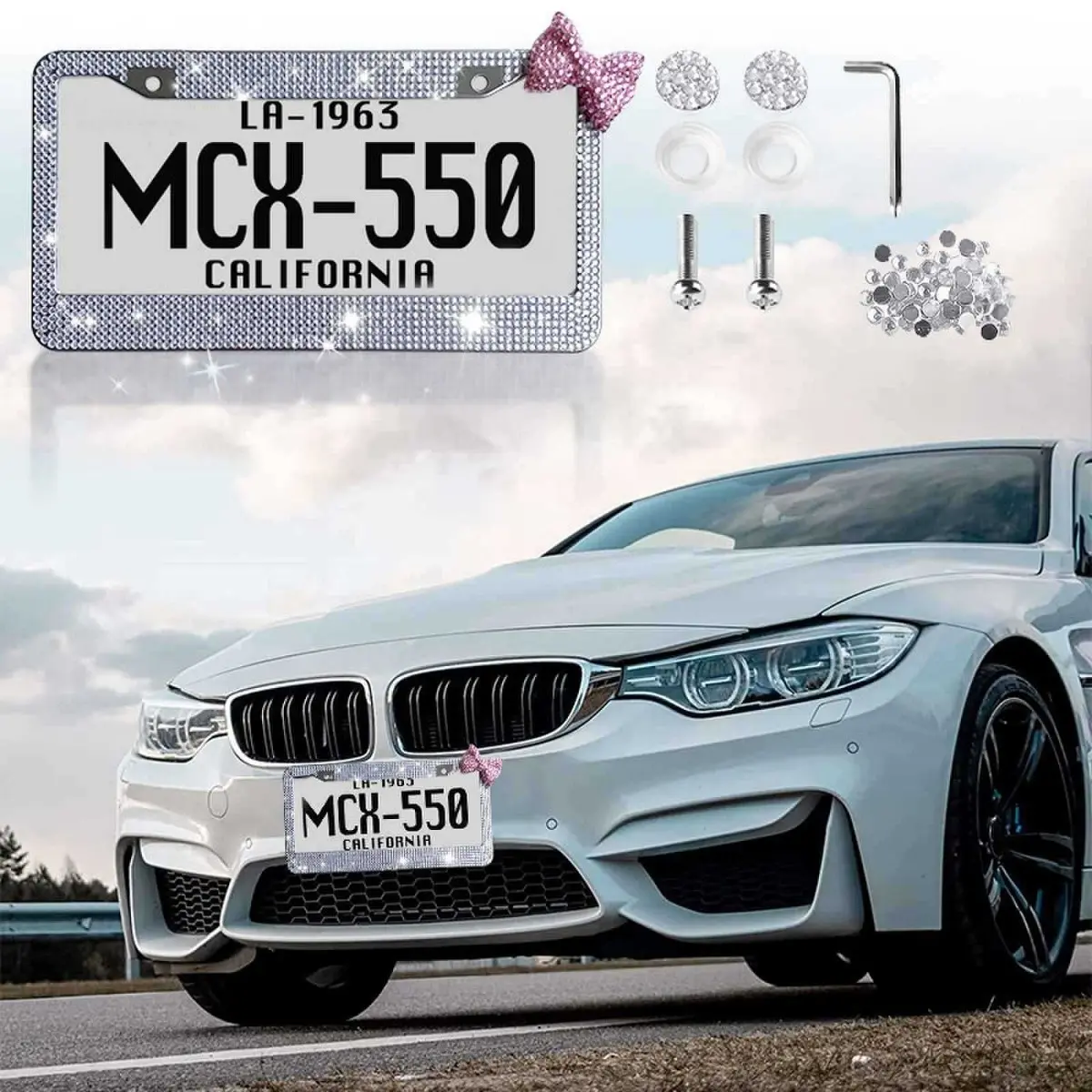 Automotive Sparkly Rhinestone Bow License Plate Frame - 1 Pc Stainless Steel Weatherproof Cover with Cute Design, Diamond Decoration, Solid and Firm Construction, Girly Car Exterior Accessory Gift