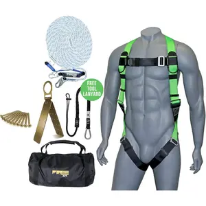 50FT Fall Protection Roofer Kit with Braided Vertical Rope Rope Grab D-Ring Harness Hinged Ballistic Nylon Tool Bag Free Tool Lanyard OSHA & ANSI Rated