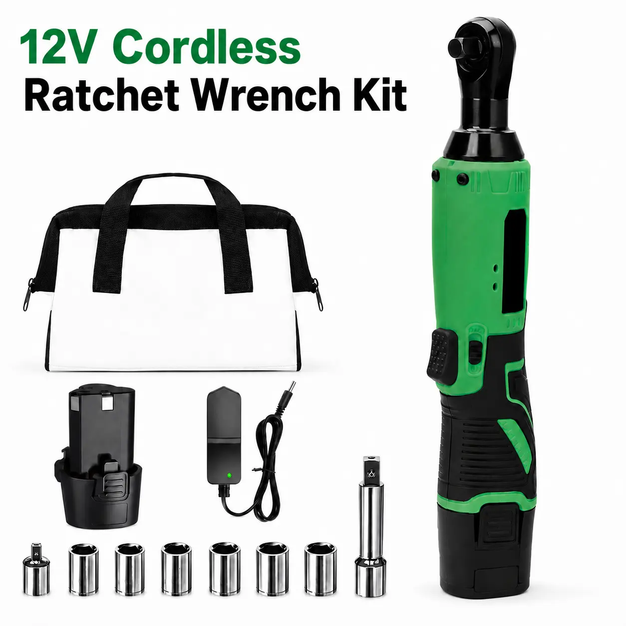12V Cordless Heavy-Duty Ratchet Wrench Kit, 3/8" Extra Long Neck Ratchet with 2.0Ah Rechargeable Battery Pack, Sockets, Extension Adapter, Carry Bag, 300RPM Power Tool for Auto Repair, Bolt Tightening & Removal