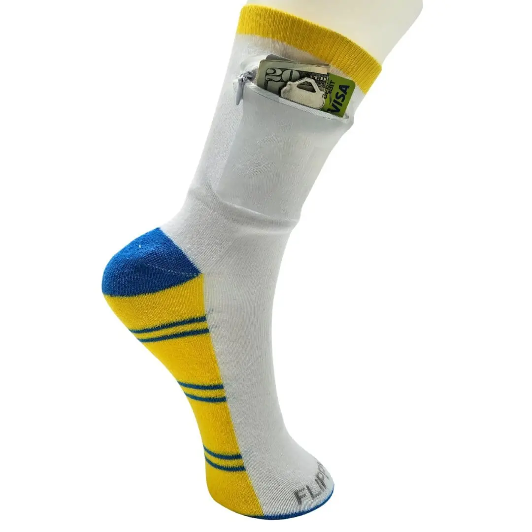 Flippysox Zipper Sock Wallet - Cotton & Polyester Zipper Socks with Pockets - Fits shoe size 6-13 (Striped Yellow Blue)