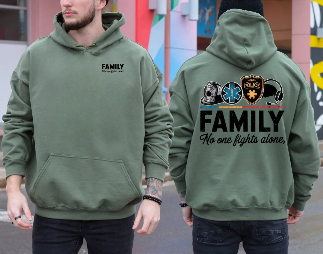 Men's Casual Long Sleeve Hoodie, Menswear Tops & Sweatshirts, First Responder Support Apparel – "Family No One Fights Alone" Gift for Firefighters