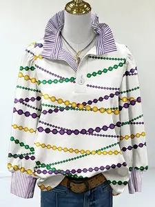 Womens Mardi Gras Bead Print Polo Shirt Long Sleeve Striped Collar Casual Holiday Party Top