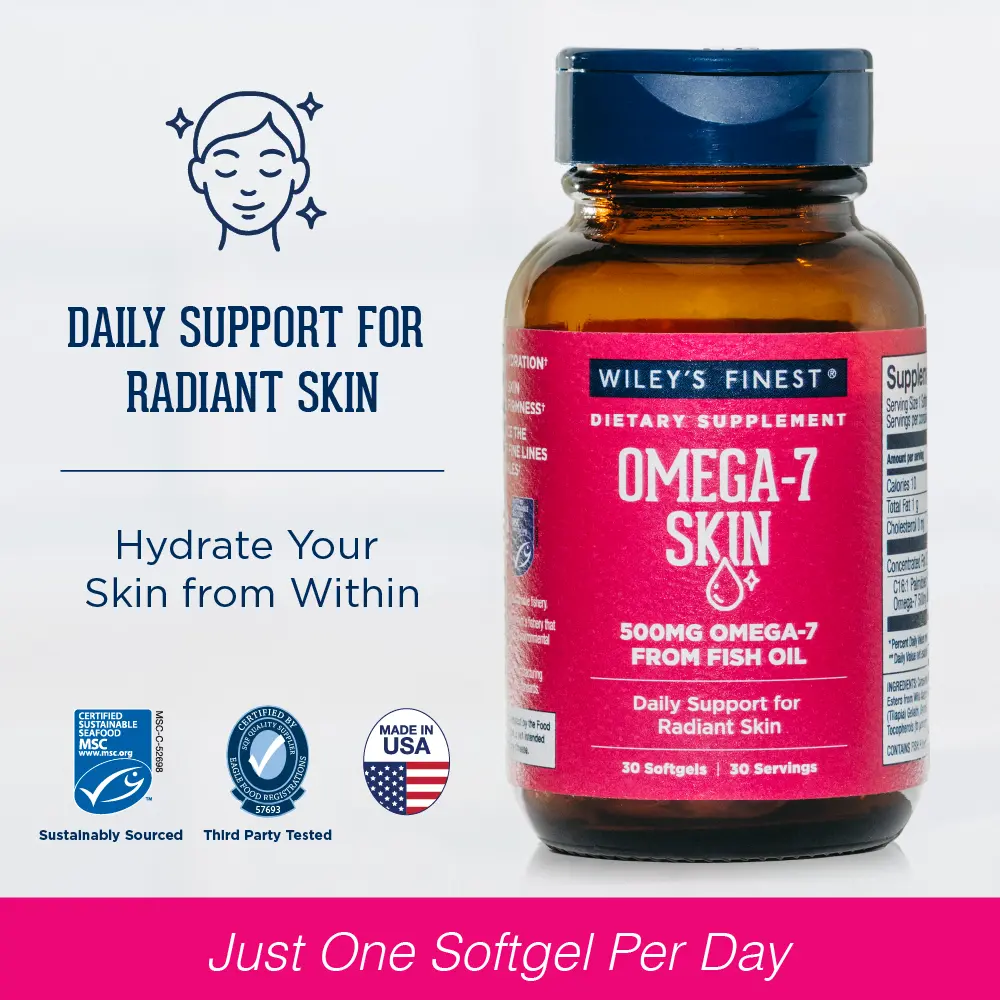 Wiley's Finest Omega-7 Skin Supplement — Upgrade Skincare Routine, 500mg Palmitoleic Acid, Supports Skin Hydration, Glowing Skin, Elasticity, Dryness, Fine Lines & Wrinkle Reduction, Ultra Concentrated Formula Made in USA & Third-Party Tested, 30 Softgels