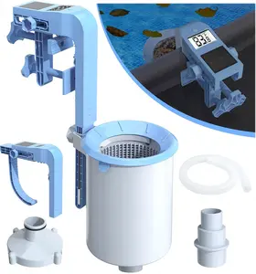 Newly Above Ground Pool Skimmer with Solar Digital Thermometer, Wall Mount Surface Skimmer with Adjustable Height Bracket, Auto Skimming for Pool Surface Floating Leaves & Debris -LightBlue