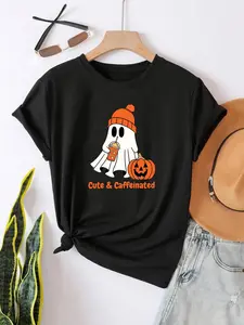 Women's Ghost & Letter Print Round Neck Tee, Fashion Casual Halloween Crew Neck Short Sleeve T-Shirt for Daily Holiday Vacation Outdoor Wear, Women Tops for Summer