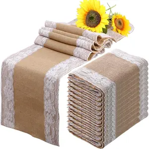 12 Pcs Burlap Table 12 x 108 Inches White Lace Table Runner Rustic Wedding Vintage Table Cloth Party Favors for Birthday Engagement Hotel Home Table(Elegant)