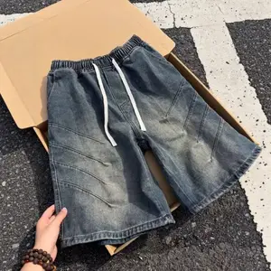 American-style washed pleated denim shorts for men, summer outerwear, shark gill drawstring knee-length shorts, cleanfit casual mid-length pants