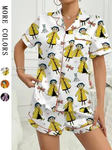 Ladies Coraline Print Short Sleeve Pajama Set Cute Summer Sleepwear, Short Sleeve Satin Pajamas, Summer Sleepwear Set, Pajama Sets Women, Comfortable Sleeping Clothes, cartoon inspired loungewear, comfy casual pajamas, leisure sleepwear, gift for her