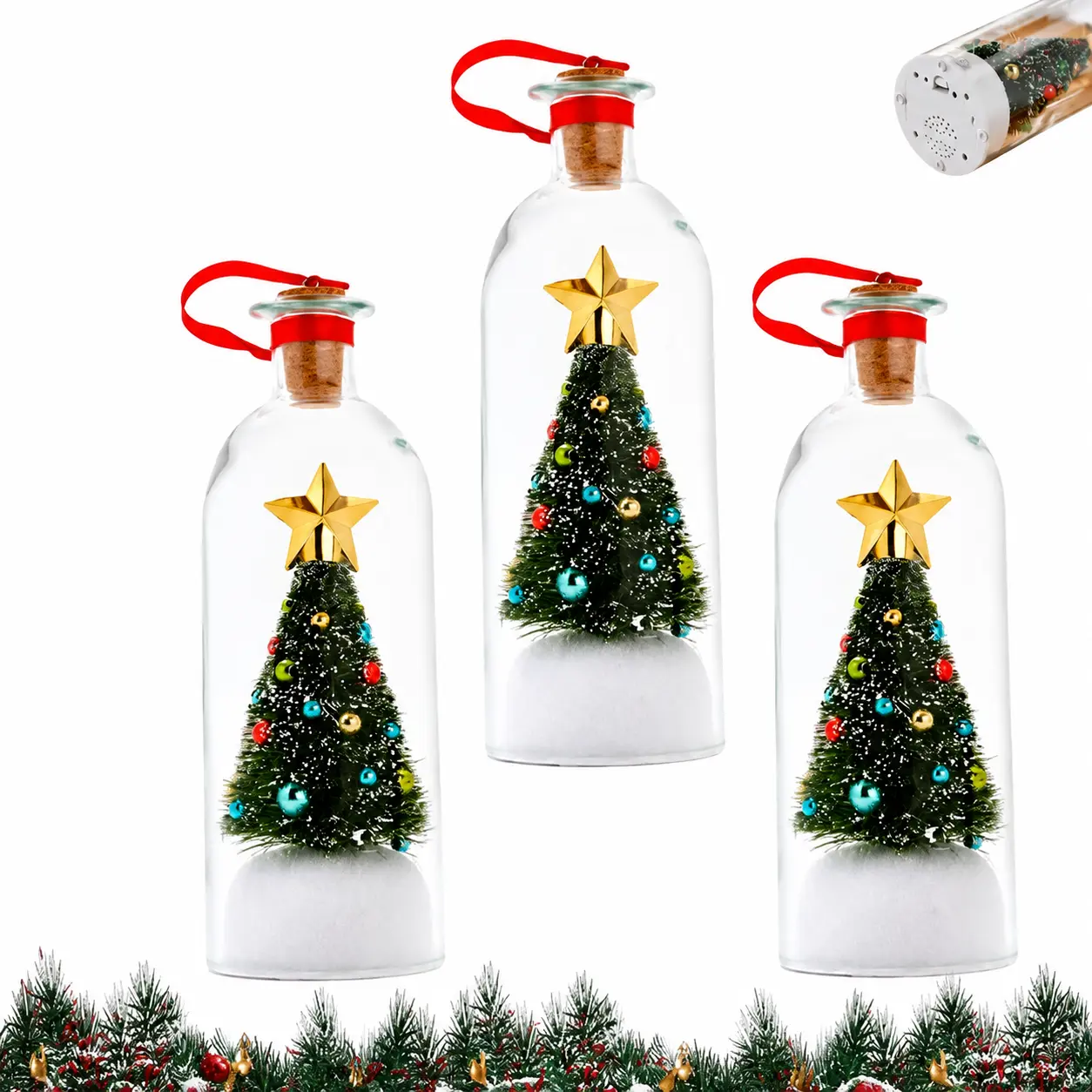3Pcs Recordable Christmas Tree Message in a Bottle,Christmas ornament,Forever Voice, Unique Holiday Souvenir Gift for Someone Special.