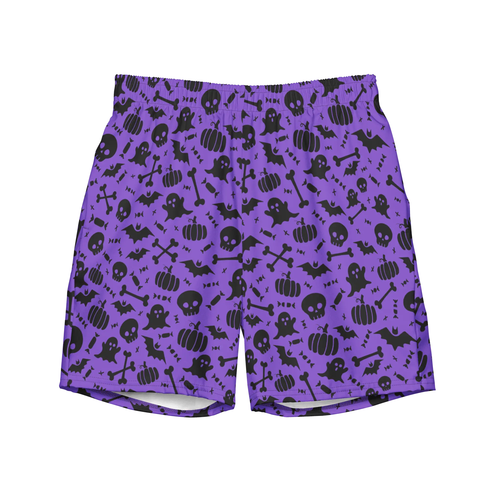 Recycled Above-The-Knee Swim Trunks - Halloween Skulls & Ghosts Novelty Print, Sustainable Swimwear for Spirited Swimmers, Pool & Beach Use, S
