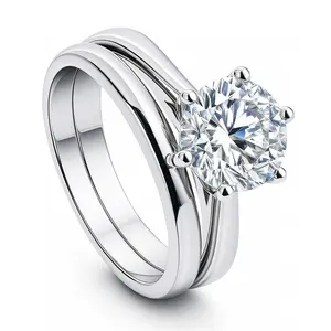 BERRICLE Sterling Silver Solitaire Wedding Engagement Rings Statement Stackable Band for Women, 2 Carat Round Cut Cubic Zirconia CZ Ring Set