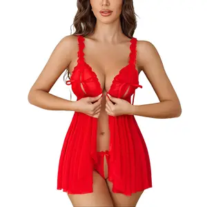 Avidlove Sexy Open Front Lingerie for Women Sheer Mesh Babydoll Dress Ruffle Cut Out Chemise Nightgown with Thong Lightweight
