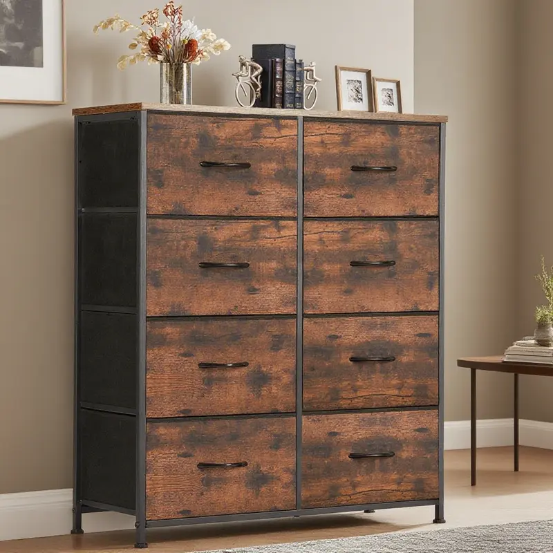 (New Color)Dresser for Bedroom with 8 Fabric Drawers, Tall Chest Organizer Units with Metal Frame, Wood Tabletop, Storage Tower with Closet Cabinet