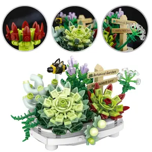 Succulent Building Blocks Bonsai Plant Series Toy with Plants Flowers for DIY Home Decor Mini Potted Birthday Instructions Stable Set