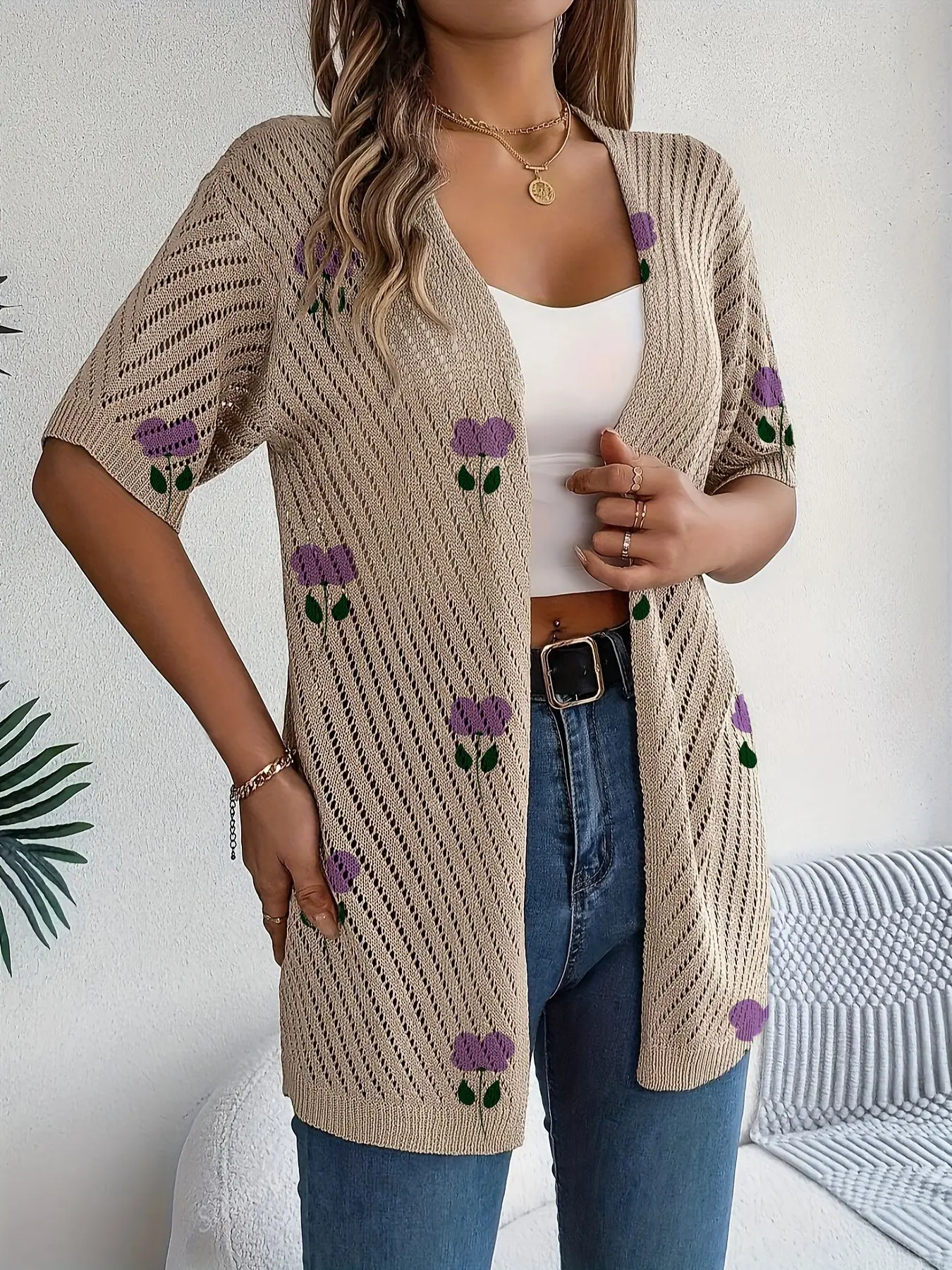 Spring/Summer women's diagonal hollow-out knit cardigan top, vacation bohemian style with contrast color floral print, short sleeve, buttonless open front, versatile outerwear for vests, beach cover-up, Womenswear Casual Knitwear, Knitted Sweater