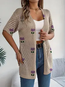 Spring/Summer women's diagonal hollow-out knit cardigan, vacation bohemian style with contrast color floral print, short sleeve, buttonless open front, versatile outerwear for vests, beach cover-up, Womenswear Casual Knitwear