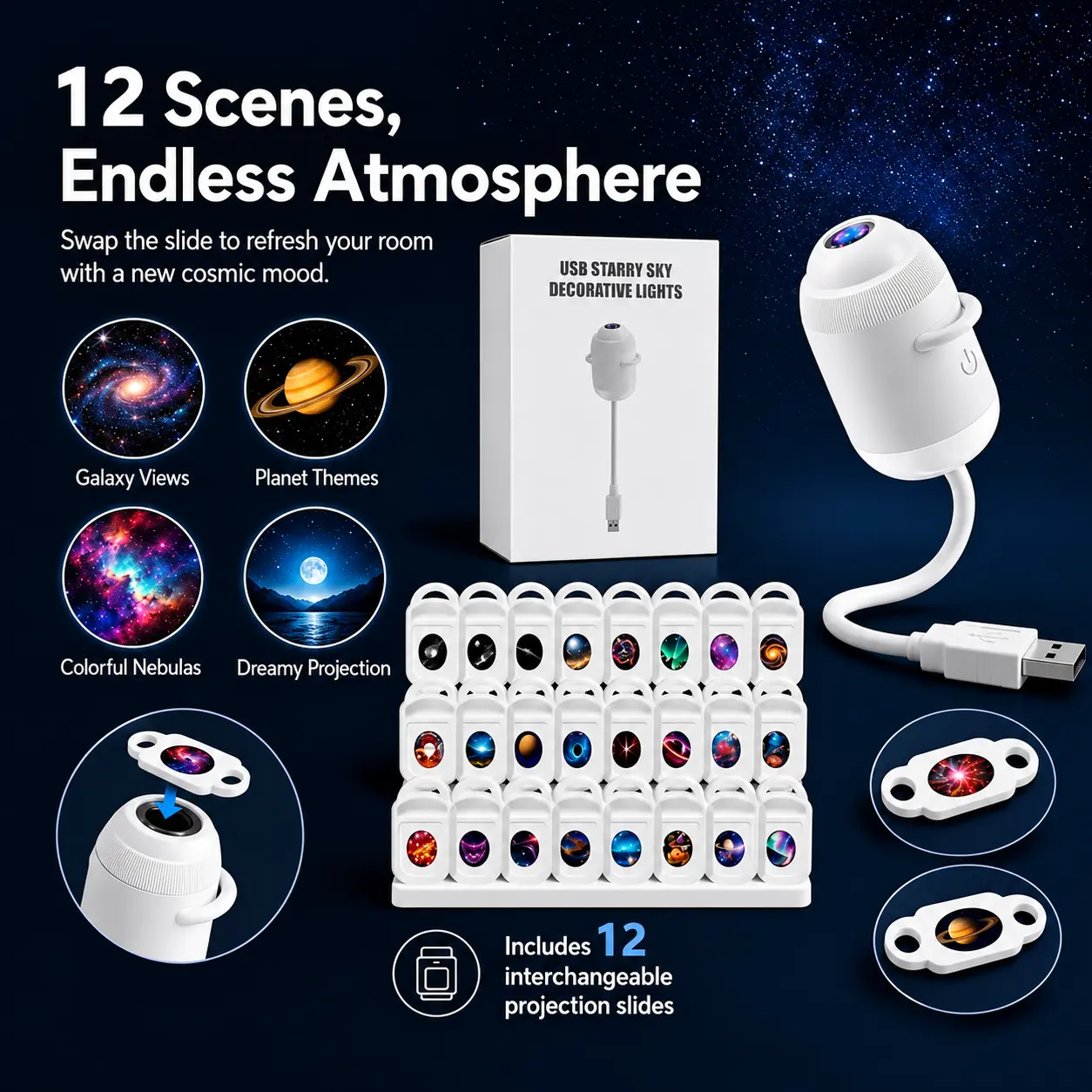2-in-1 5D Holographic LED Starry Sky Projector - USB-Powered, Plug-and-Play, 360° Rotate, Film-Included ABS Plastic Galaxy Night Light for Bedroom Decor, Camping Hiking