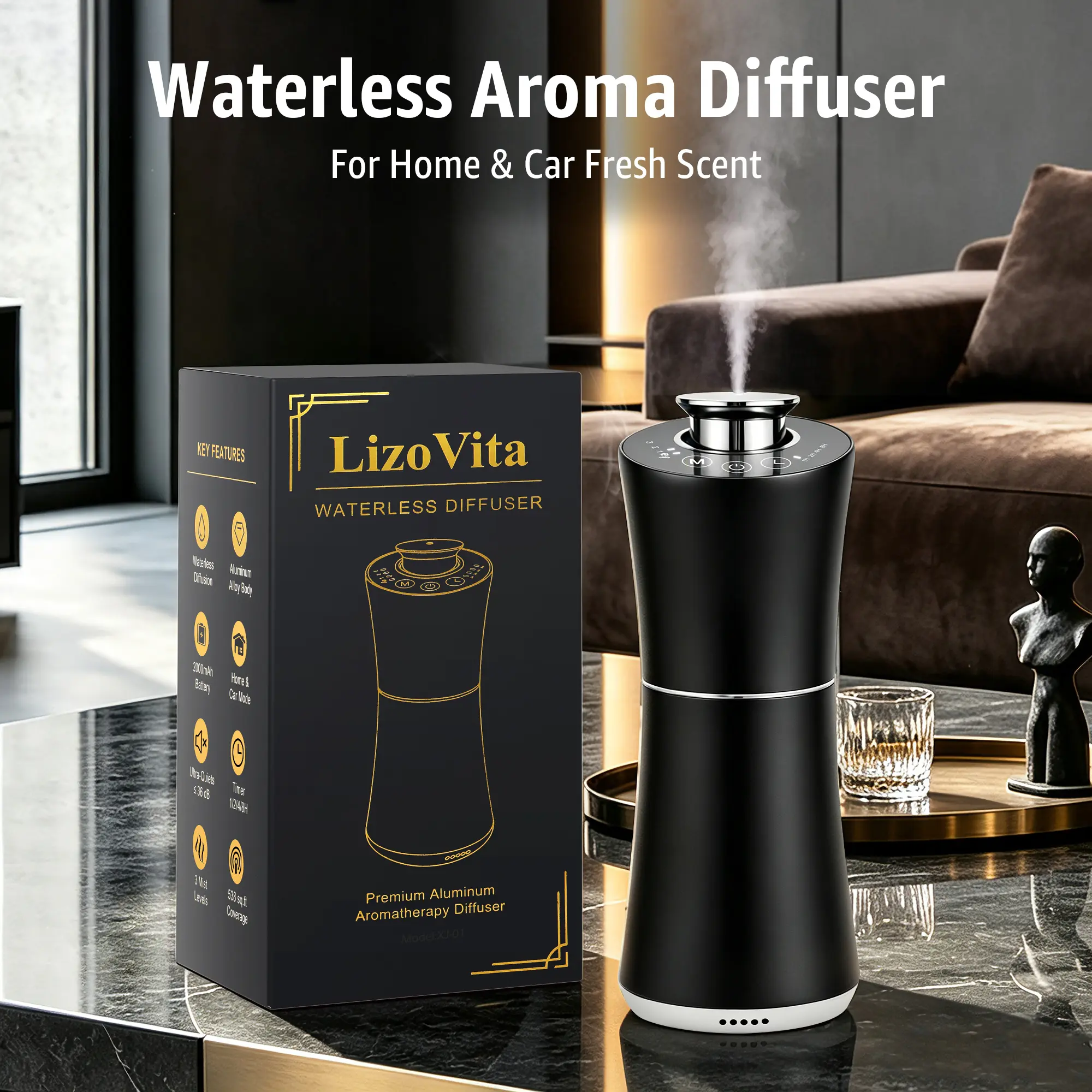 Waterless Essential Oil Diffuser, Rechargeable Portable Aromatherapy Diffuser with 3 Mist Levels & Timer for Home, Bedroom, Office and Car