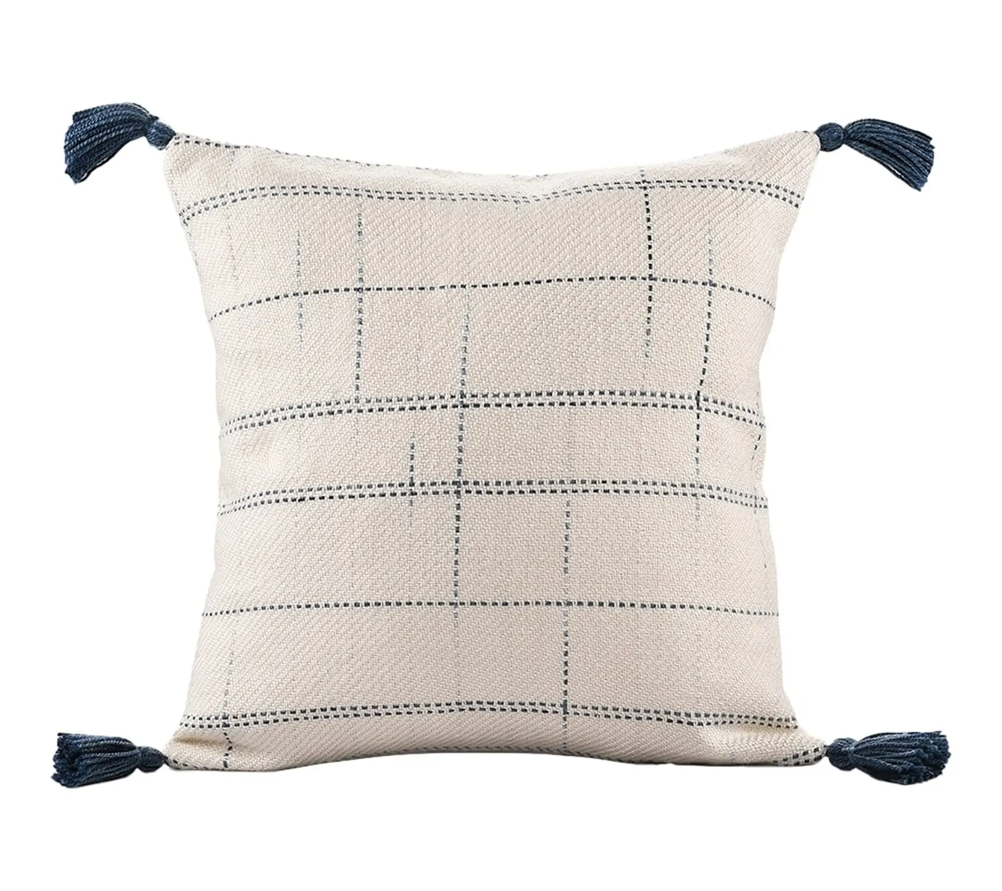 Ox Bay Ivory/Blue Geometric Polyester Tassels Pillow, 20"x20"