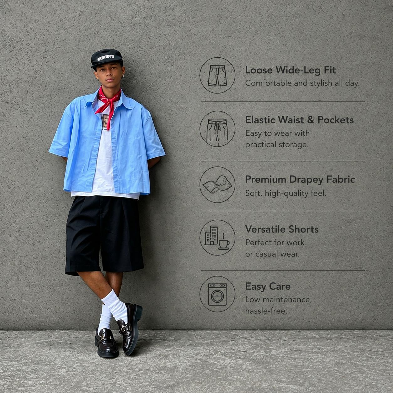 EVELLYHOOTD Men's Baggy Pleated Shorts Casual Summer Shorts Wide Leg Pleated Dress Shorts Loose Fit Streetwear Tailored Shorts
